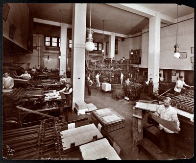 Hombres trabajando en la planta de impresión de Metropolitan Life Insurance Co. en la calle 23 y Madison Avenue, Nueva York, 1907 de Byron Company